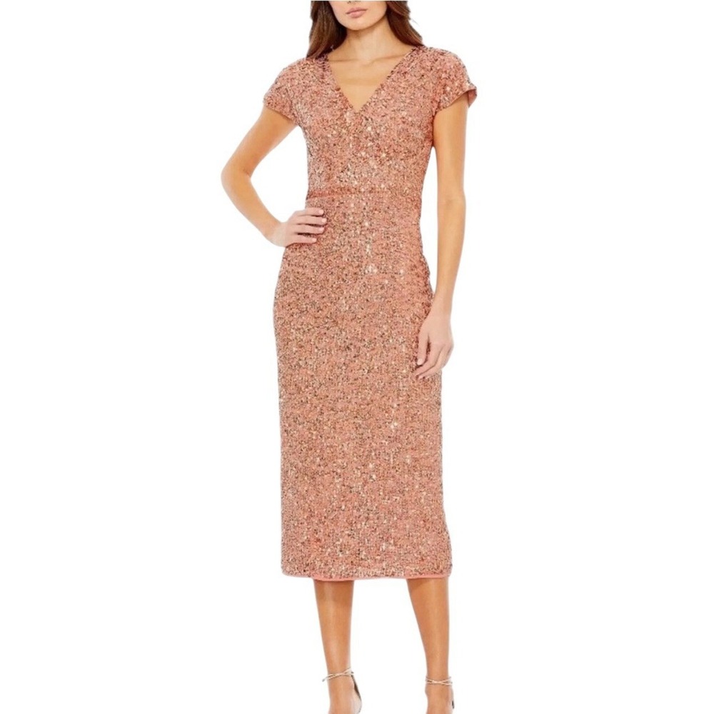 Mac Duggal 10766 Copper Sequin V-Neck Cap Sleeve Midi Dress Size‎ 8 $298